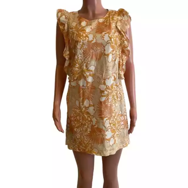 Lanhtropy Dress Womens XS Linen Floral Ruffle Sleeve Shift Mini Cottagecore