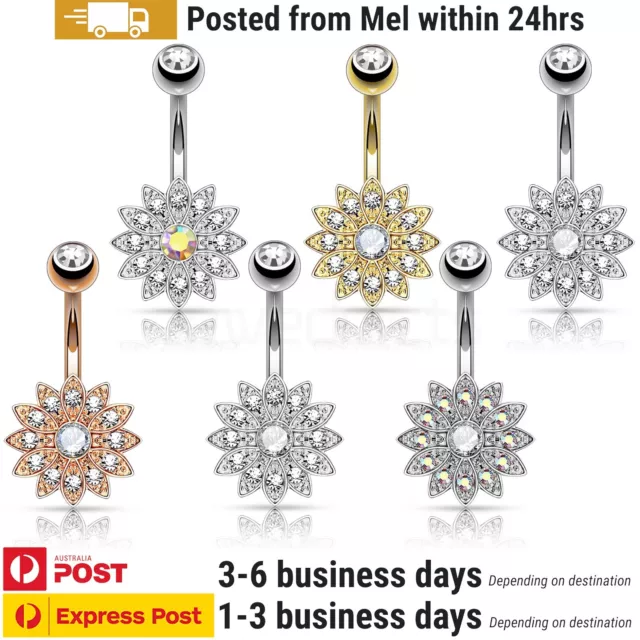 Belly Bar Crystal Flower Navel Button Ring Surgical Steel BodyPiercing Jewelry