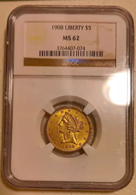 1908 $5 Liberty Head Gold Half Eagle - NGC MS 62
