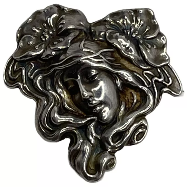 Antique Unger Brothers Art Nouveau Sterling Silver Woman Flower Brooch Pin 2