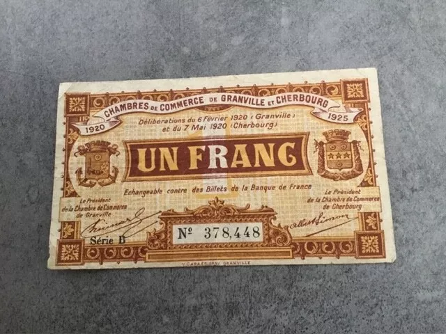 France billet de nécessite 1 franc 1920 Granville et Cherbourg.