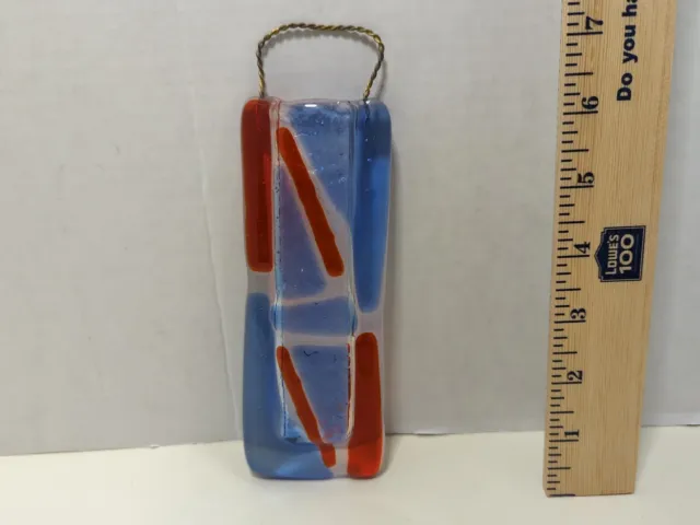 LATTA'S Newport Oregon Fused Art Glass Hanging Wall Pocket Vase Red & Blue