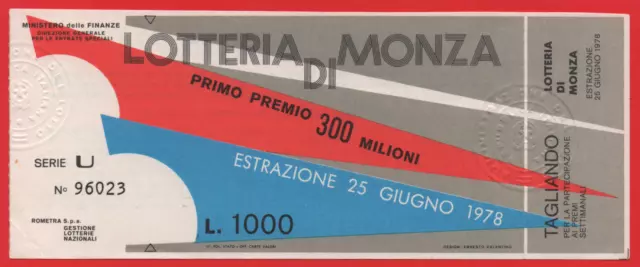 Biglietto Lotteria Di Monza Anno 1978 Con Tagliando Serie U 96023 Corse Auto