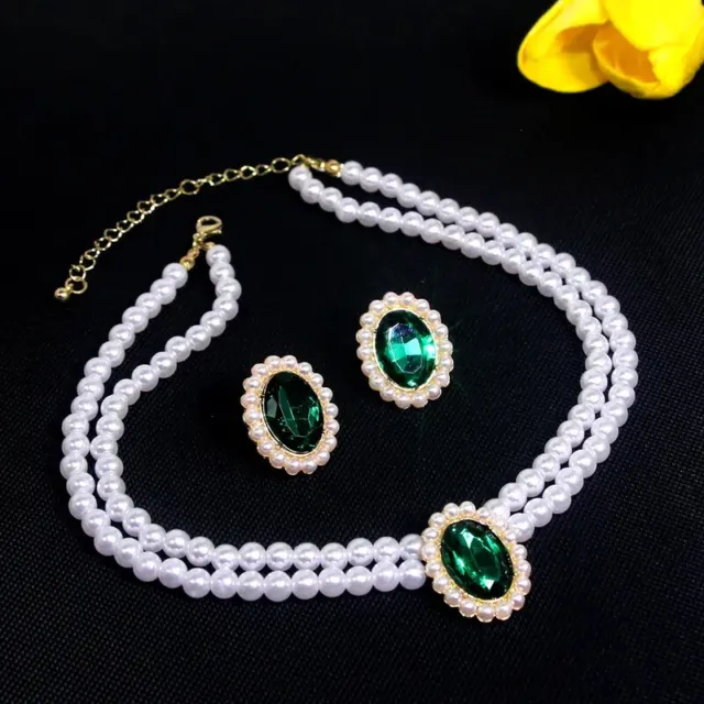 Pearl Necklace Oval Earring Set-Gold PLD Emerald Green Crystal Necklace Set