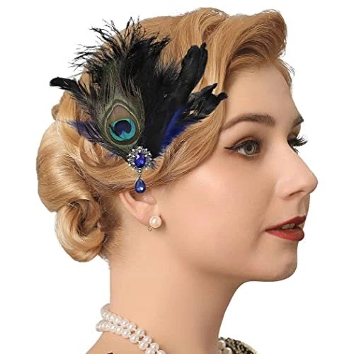1920s Feather Headpiece Peacock Feather Hair Clip Black Feather Headband
