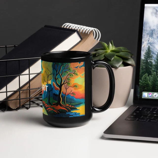 Mug Unique Design in Van Gogh Style Life Is Art Black Glossy