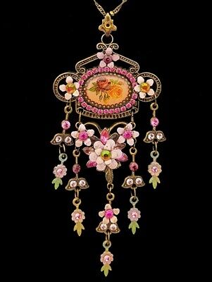 Michal Negrin Necklace Victorian Roses Cameo Crystal Pendant Flowers Antique