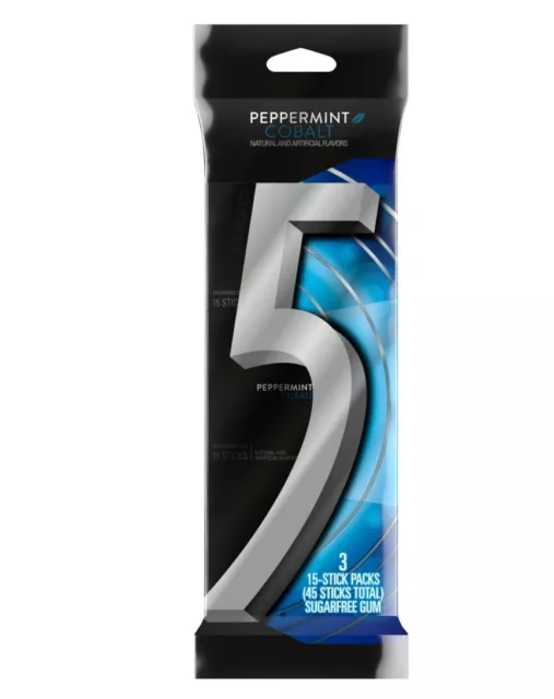 Wrigley's  5 Five Peppermint Chewing Gum Sugar Free 3 Pack 45 Sticks USA Import