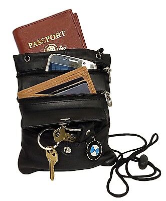 Passport Neck Strap Lanyard Leather ID Holder Pouch Travel String Purse Black