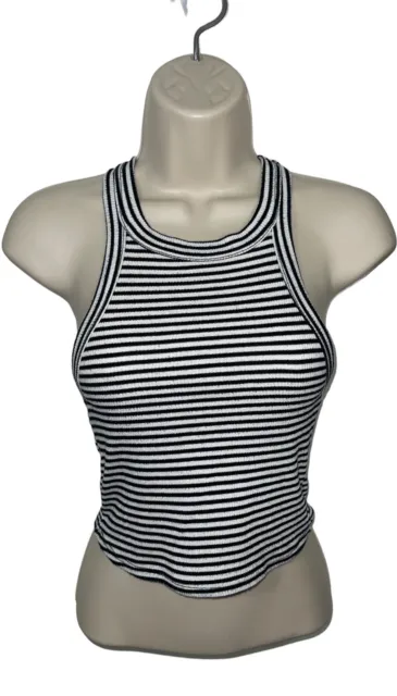 FOREVER 21 Women's Small Cropped Knit Top Racerback Tank Black White Stripes