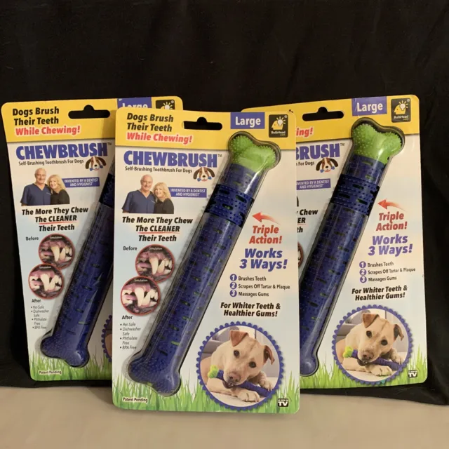 (3) ChewBrush Large As Seen On TV For Dog Blue Self Brushing Toothbrush NEW