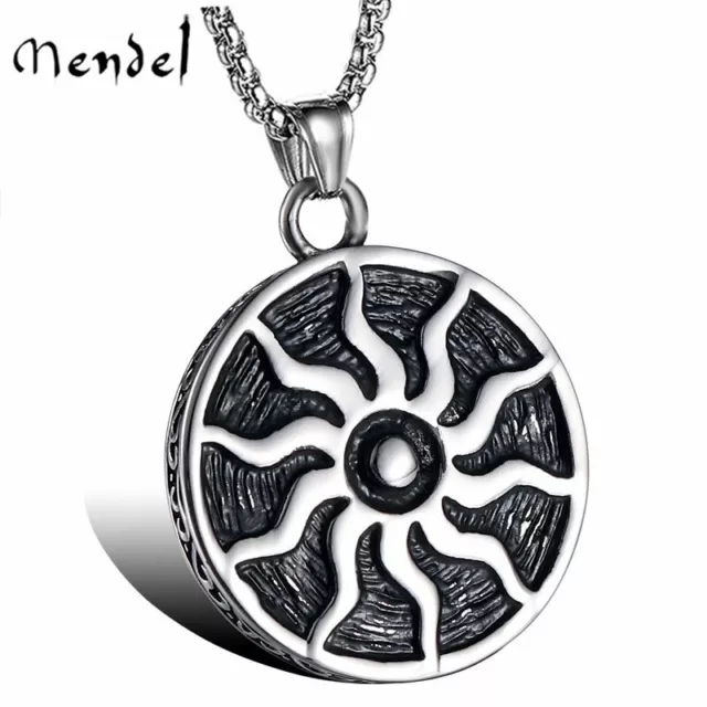 MENDEL Mens Stainless Steel Fashion Fire Sun Solar Pendant Necklace Black Silver