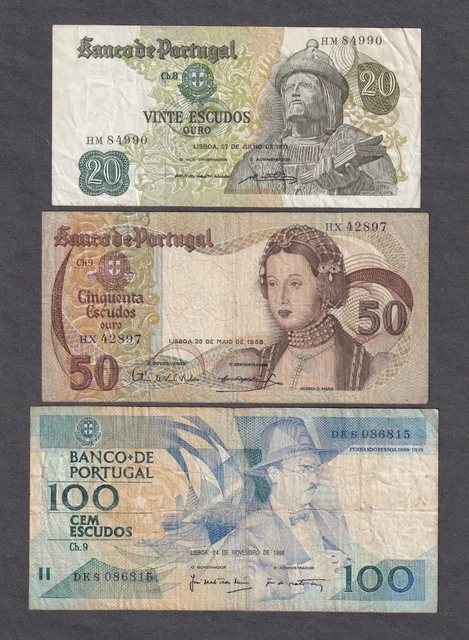 Banco De Portugal 100 50 20 Escudos Lisboa World Currency Banknote Lot (3) 🌈⭐🌈
