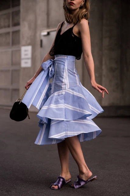 ZARA STRIPED MIDI Skirt With Frills Ruffle Tie Bow Waist Blue