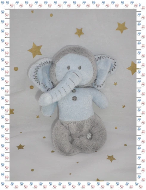 ⑭ - Doudou Peluche Semi Plat Hochet Eléphant  Gris Bleu Grelot  Obaibi Okaidi