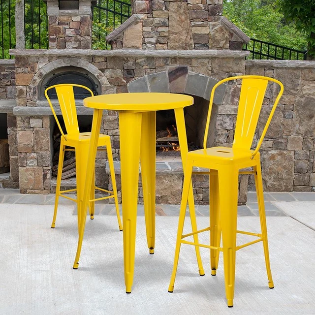 Commercial Grade 24" Round Yellow Metal Indoor/Outdoor Bar Table Set w/2 Cafe St