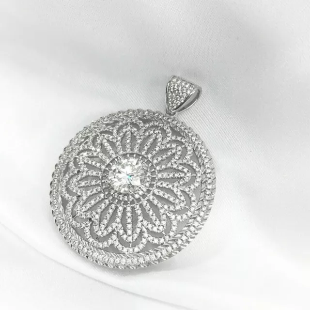 2Ct Round Cut Moissanite Art Deco Flower Pendant 14K White Gold Plated 18" Chain 2