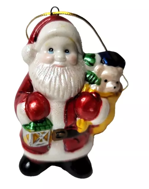 Santa Claus W/ Sack, bear & lantern Christmas Ornament Ceramic puffy  3" VTG 2