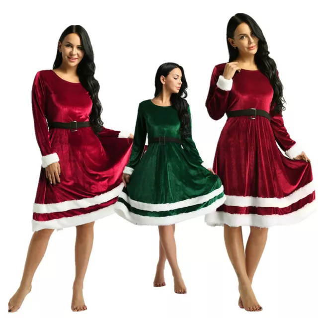 Robe de Noël Manches Longues Femme Longue Robe en Velours Mère Noël Déguisements