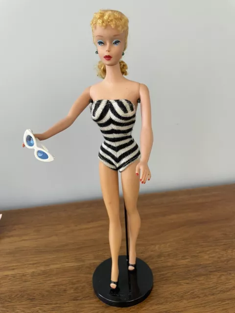 Vtg 1960 Barbie #4 Ponytail Blonde ~ Zebra Swimsuit*Black High Heels*Sunglasses