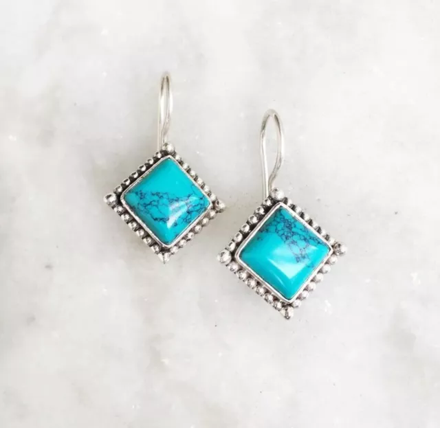 Genuine Turquoise Earrings in 925 Sterling Silver Dangle Women Jewelry