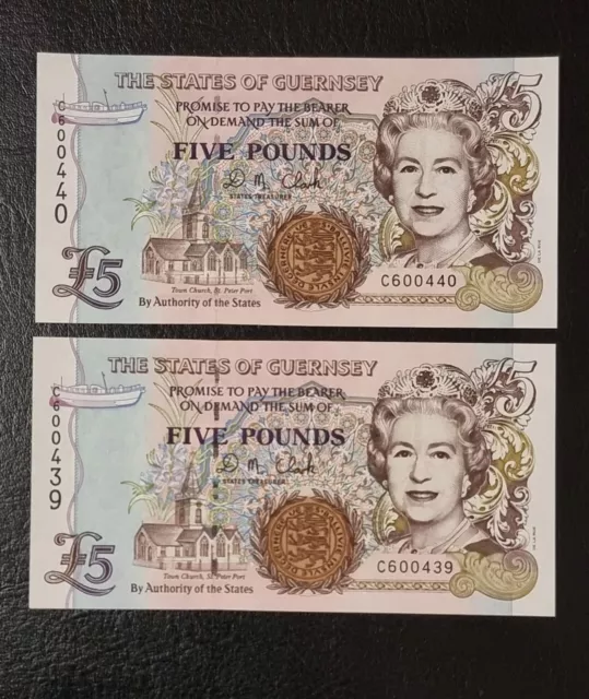 2X UNC Consecutive  Guernsey 5 Pounds £5 Banknotes