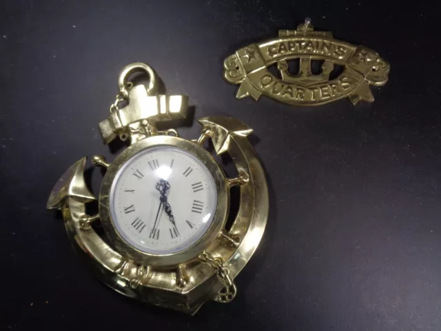 Vintage Ships Anchor Brass Clock & Captains Quarters Sign