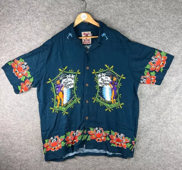 Vintage Mambo Shirt Mens Large Blue Hawaiian Loud 'Royal Mambo' Jim Mitchell Bar