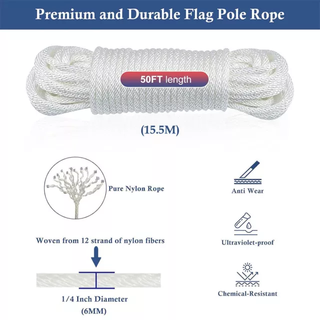 15M Nylon Flag Rope Flagpole Rope 6mm New Thick White with 4X Flag Pole Clips 3