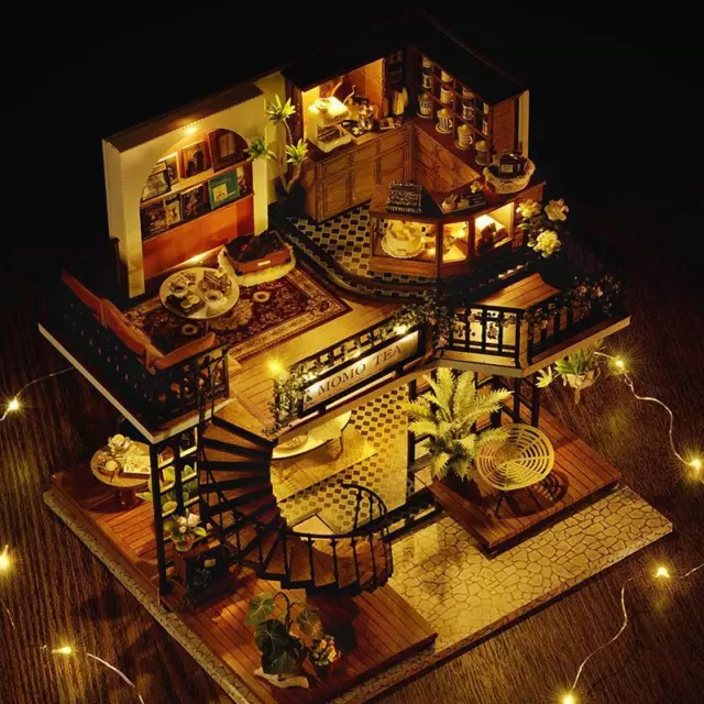 Forest Tea Cafe House DIY Miniature Led Light Wooden Shop Dollhouse Music Box