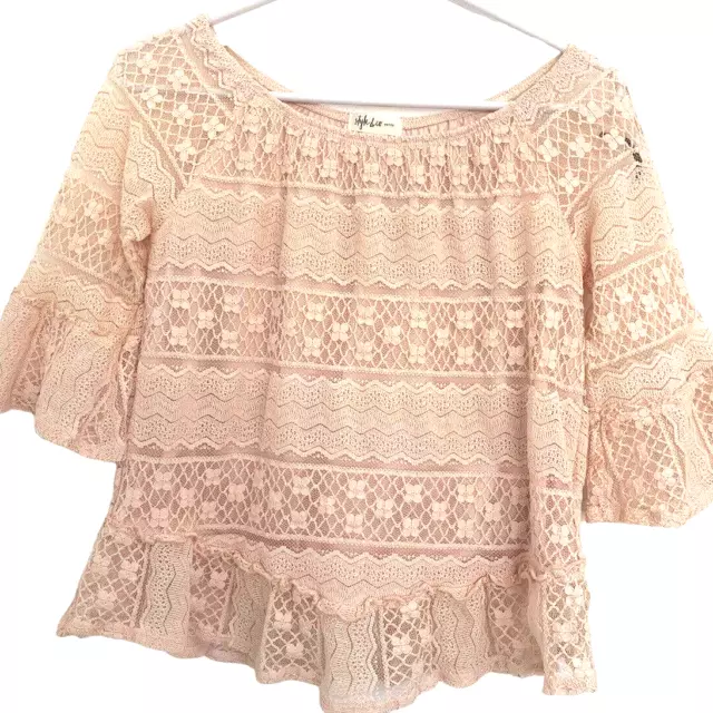 Style & Co Size Petite Large Lace Bell Sleeve Ruffle Hem Peasant Top Blush Pink