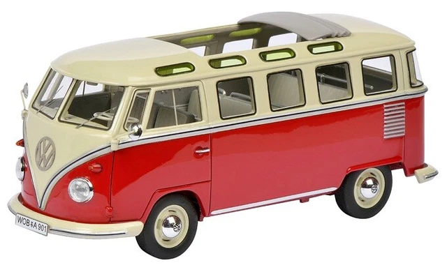 Miniature SCHUCO 1/32 - VW T1b Samba - Bus Rouge Et Noir - Métal/plastique - Neuf