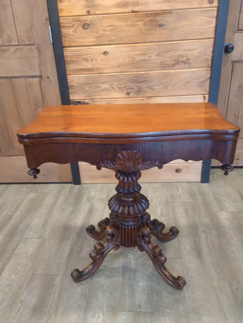Vintage Mahogany Twist & Flip Top Game Table Carved Base With Storage Under Top