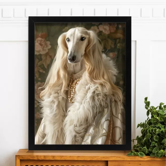 Elegant Saluki in Pearls Art Print - Regal Canine Luxury Decor Saluki Wall Art