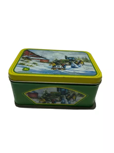 Vintage John Deere Children snow man wagon Collectible Metal Tin Box