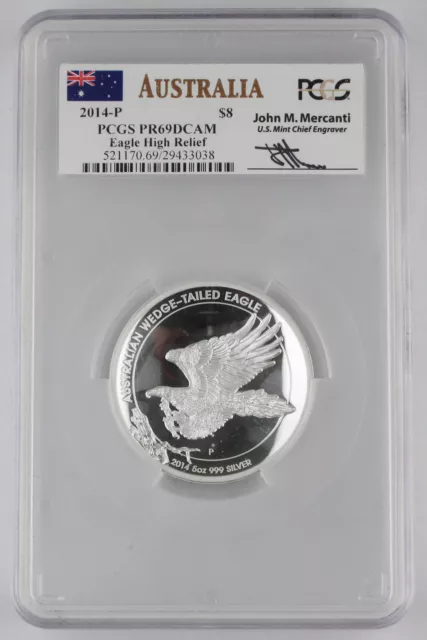 AUSTRALIA 2014 P 5 Oz HIGH RELIEF WEDGE TAIL EAGLE JOHN MERCANTI PCGS PR69 +BOX