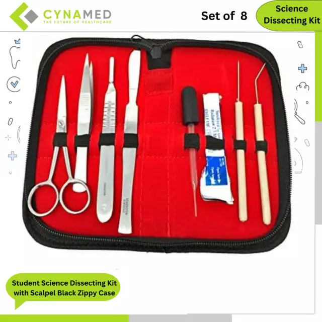 Cynamed Student Science Dissecting Kit with Scalpel Black Zippy Case 8 Pcs