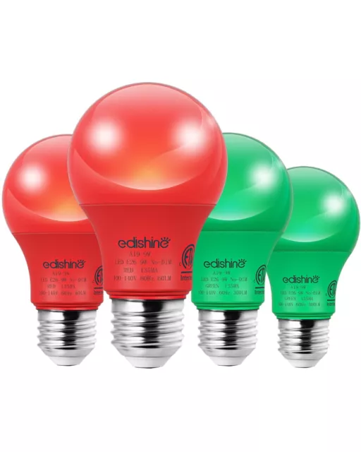 EDISHINE 4 Pack Red Green Light Bulbs, A19 LED Light Bulb 9W 600LM Christmas