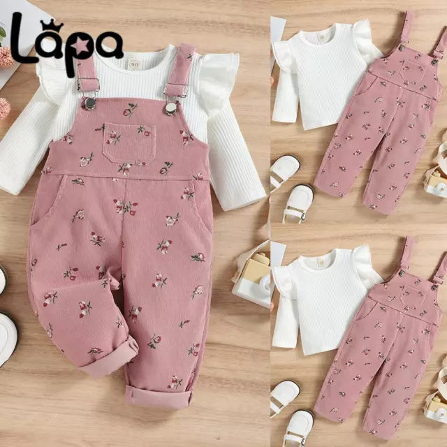 Kids Baby Girls Ribbed Long Sleeve Ruffle Tops Floral Overall Outfits Clothes