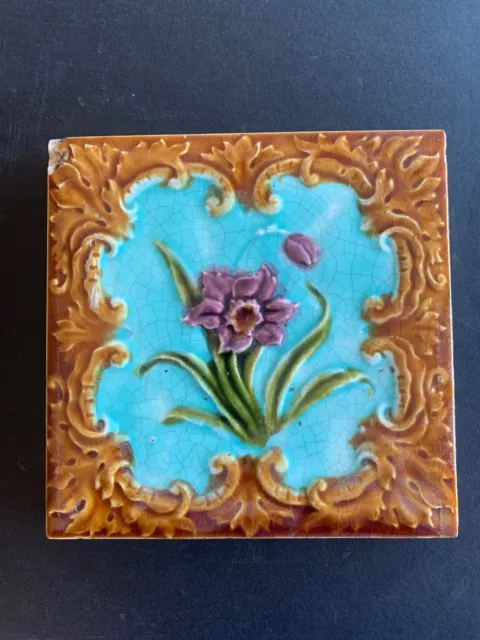 Victorian Majolica Tile with Purple Iris