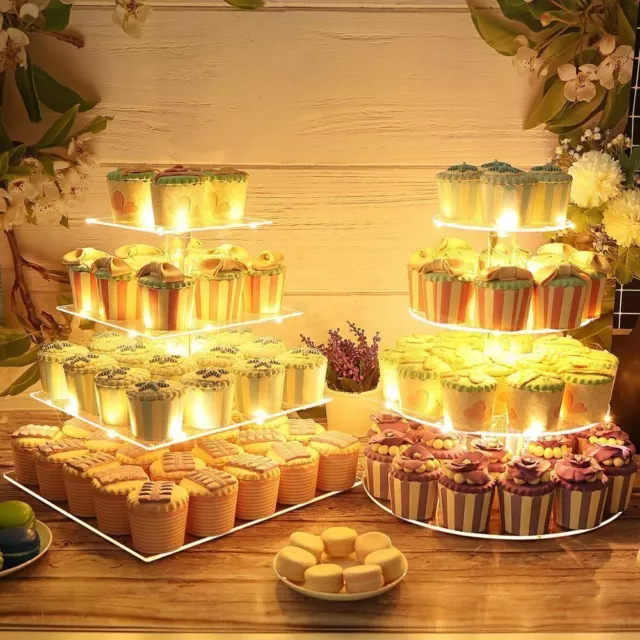 LED Acrylic Cake Stand - 4 Tier Cupcake Hi Tea Party Display Light Up Wedding