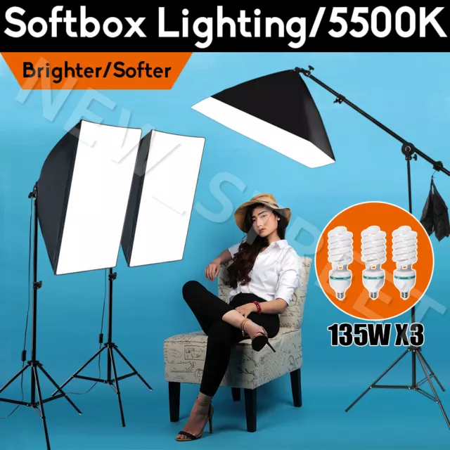 Photo Studio Continuous Softbox Lighting Boom Soft Box Video Light Stand Kit Set