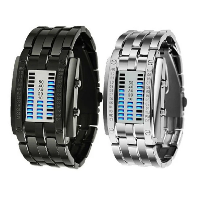 Stainless Steel Blue LED Binary Watch Creative Design Men's Wristwatch