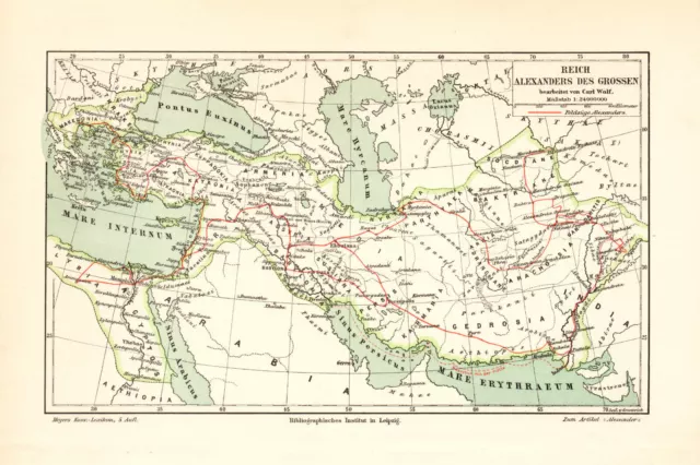 Reich Alexander des Großen historische Landkarte Lithographie ca. 1902 antik