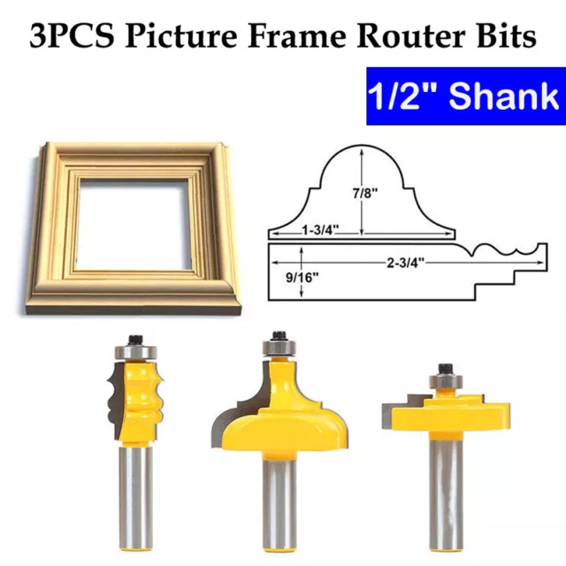 3Pcs Router Bit Set 1/2" Shank Carbide Woodwork Milling Cutter For Picture Frame
