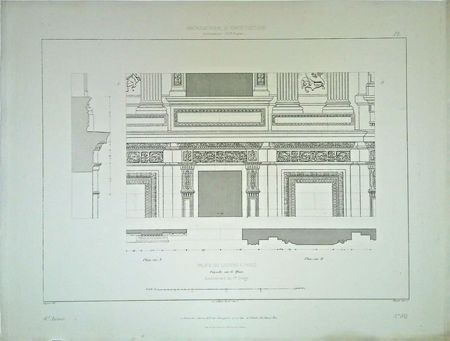 Ancienne Gravure d'Architecture - Palais du Louvre à Paris, façade sur les quais