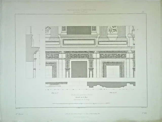 Antique Architecture Engraving - Palais du Louvre in Paris, facade on the docks