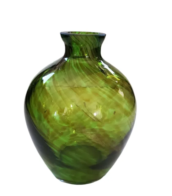 Hand Blown Glass Vase  Green with Copper Swirl Art Glass Vintage