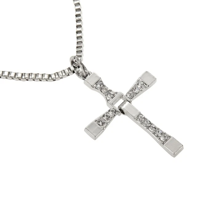 Dominic Toretto Kette Fast & Furious Halskette Edelstahl - Vin Diesel Dominic Toretto Kreuz Mit Strass, 60cm, Silber Kreuz Anhänger Groß