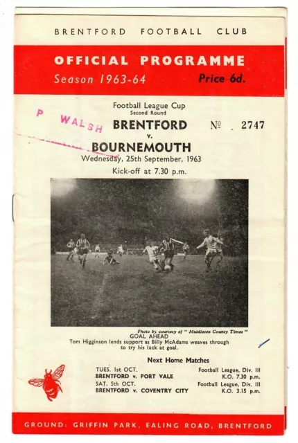 Brentford v Bournemouth - 1963-64 League Cup 2nd Round - Football Programme